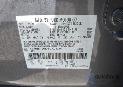 2025 Ford Explorer Active z USA, uszkodzony, nr VIN 1FMUK7DH9SGA03246